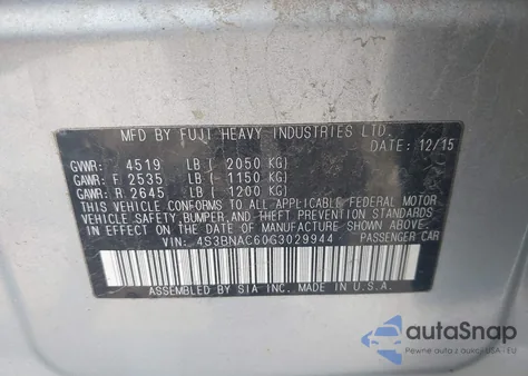 2016 Subaru Legacy 2.5I Premium из США, поврежденный, VIN 4S3BNAC60G3029944